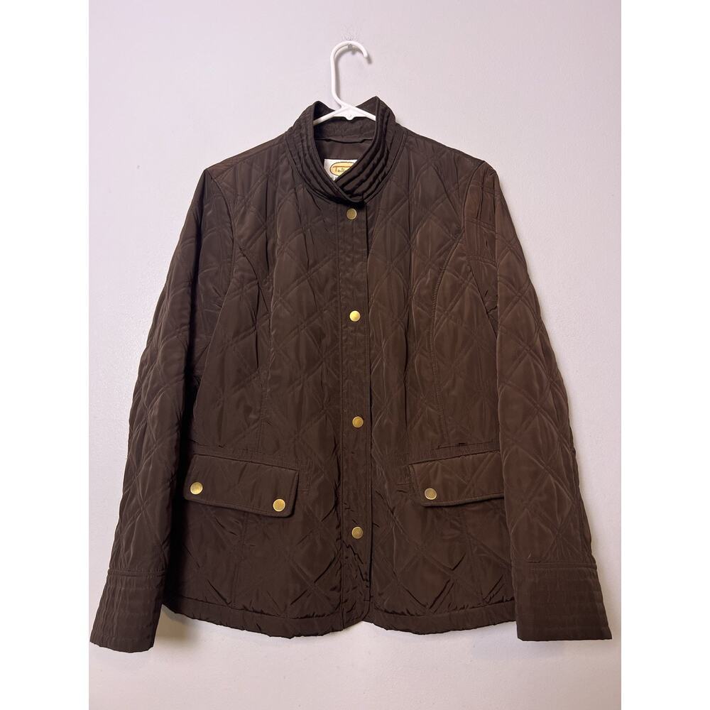 Talbots Womens Quilted Barn Jacket Petite Sz L Brown Snap Button